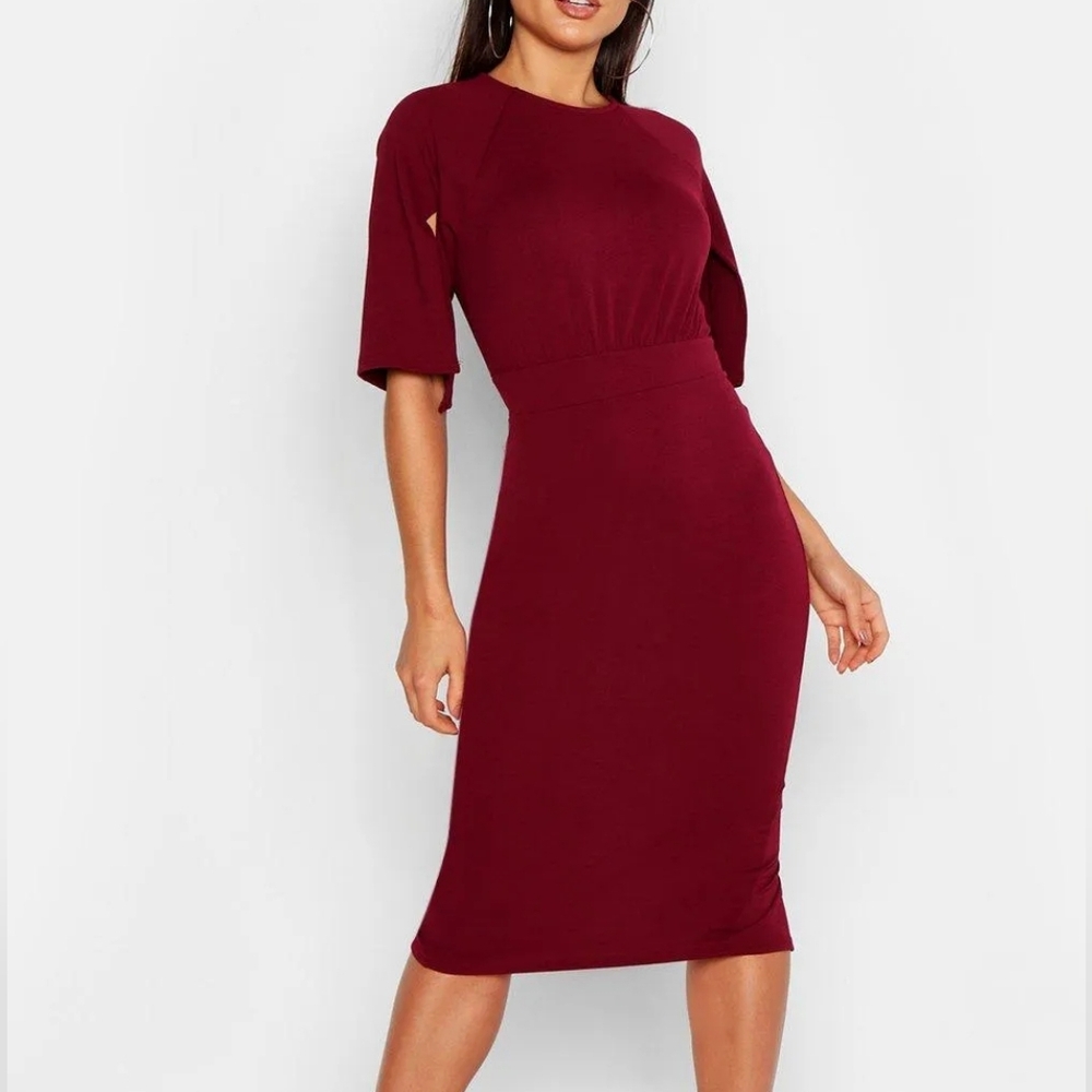 Chic Burgundy Split Sleeve Midi Dress